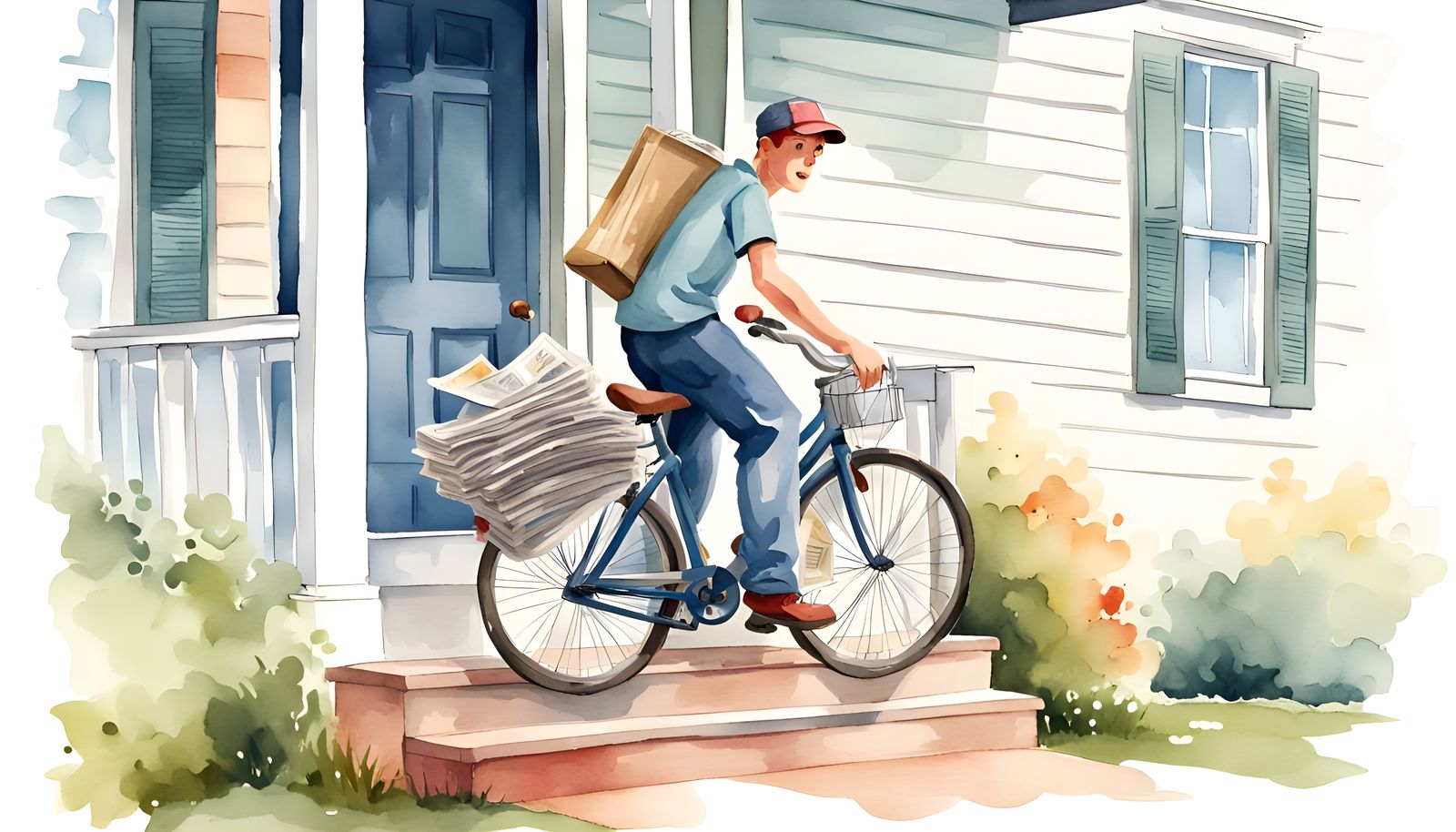Watercolor Paperboy Delivering Newspapers on Bicycle