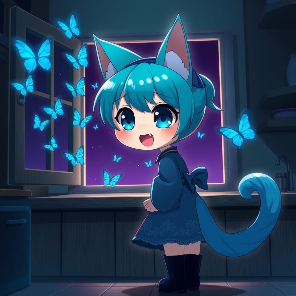 Adorable Anime Catgirl Surrounded by Whimsical Butterflies