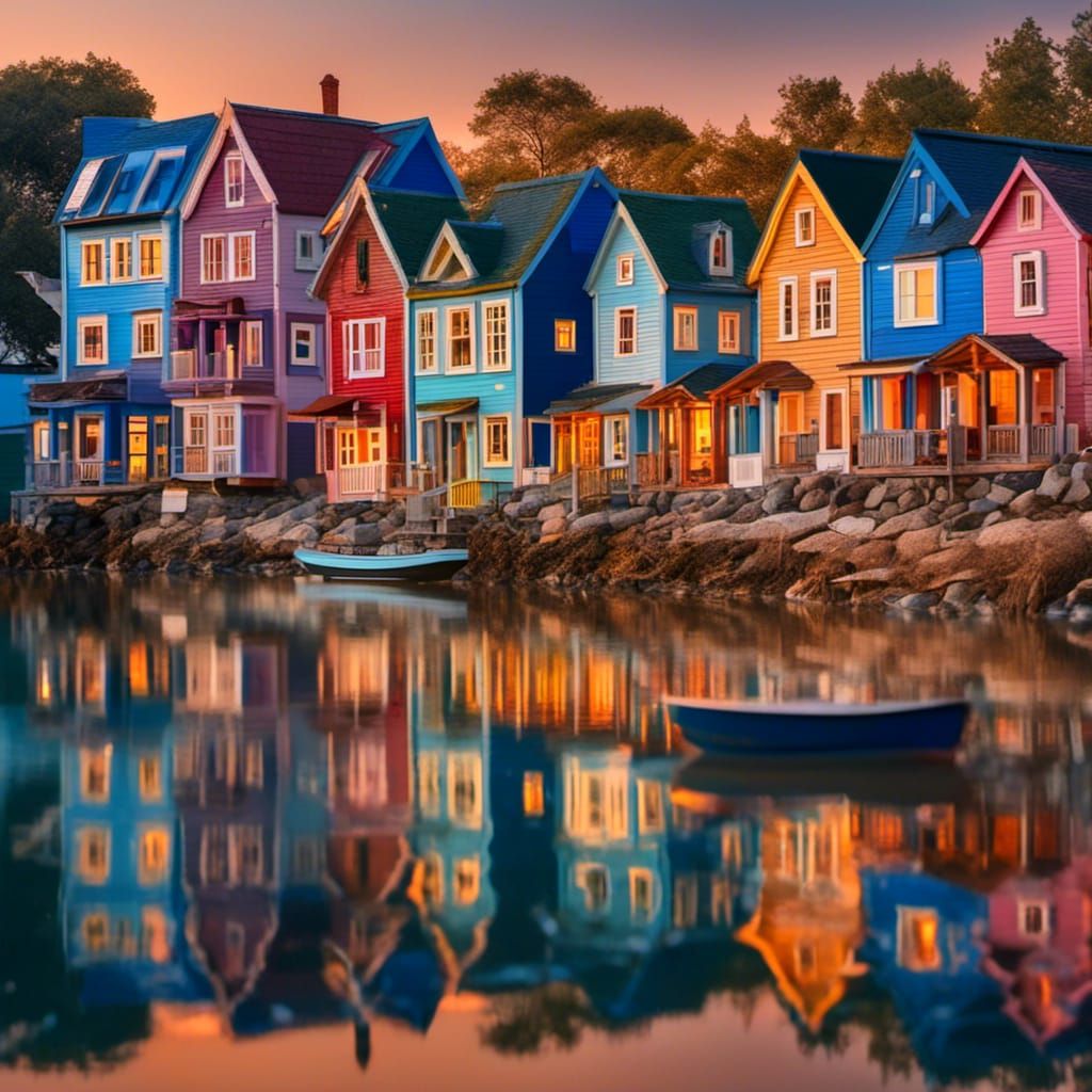 Hyperreal Sunset Reflection of Tiny Colorful Houses