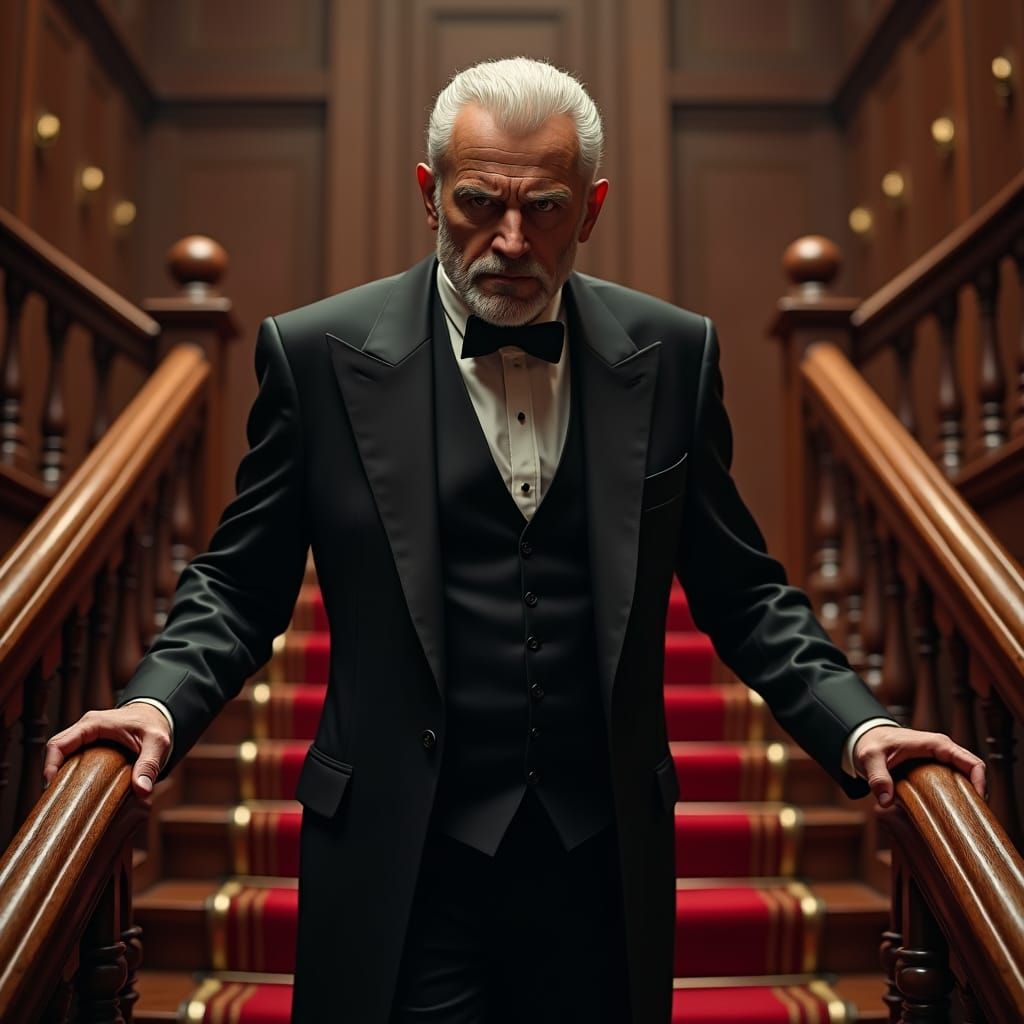 Suspicious Medieval Butler Ascending Grand Staircase