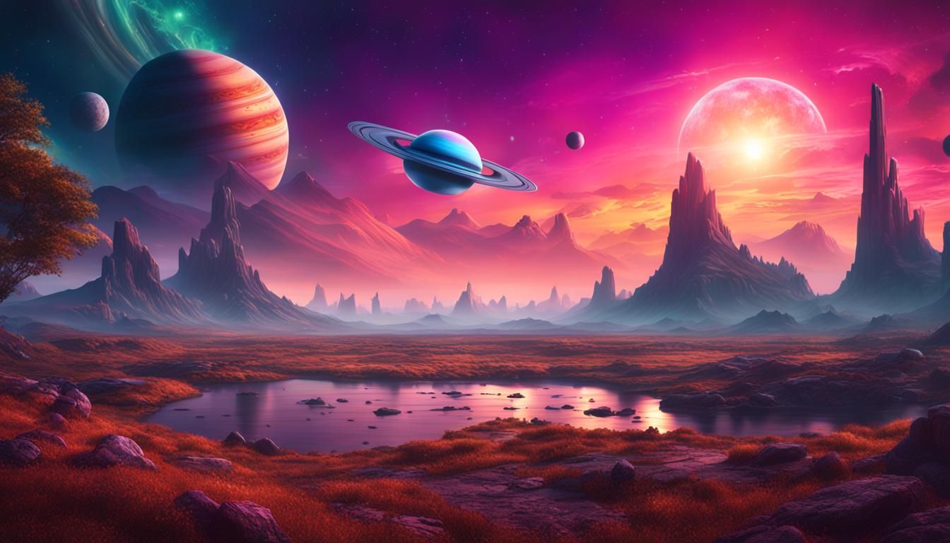 Surreal Landscape with Saturn and UFO in Fantasy Art