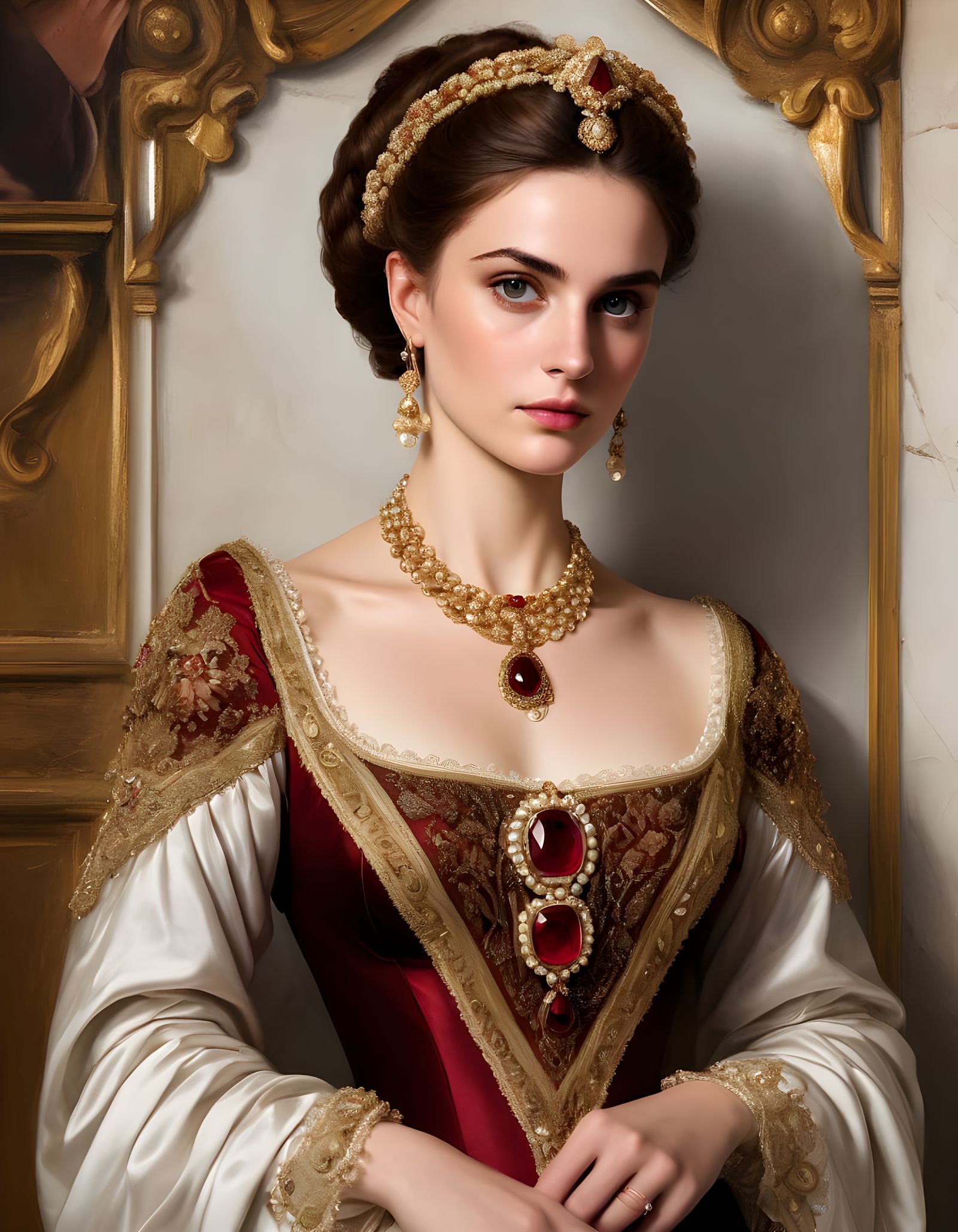 Elegant Renaissance Noblewoman in Crimson Velvet Gown