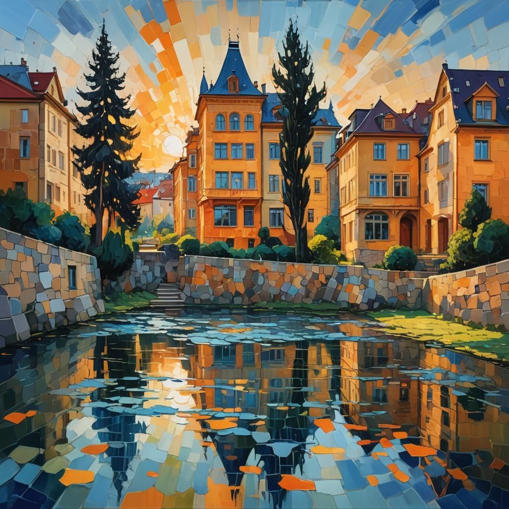 Modern Villa in Prague: Neo-Impressionist Oil Painting