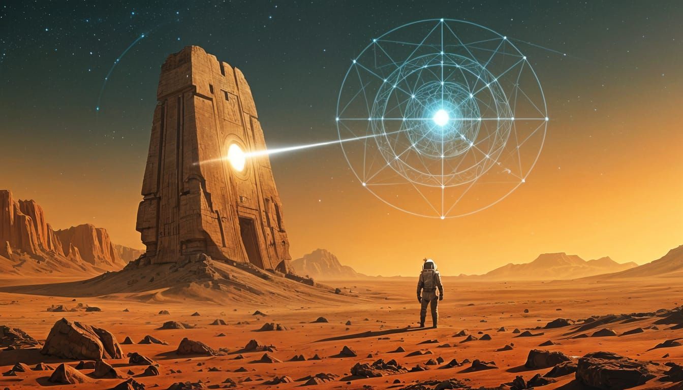 Astronaut Finds Pulsating Monolith on Barren Planet