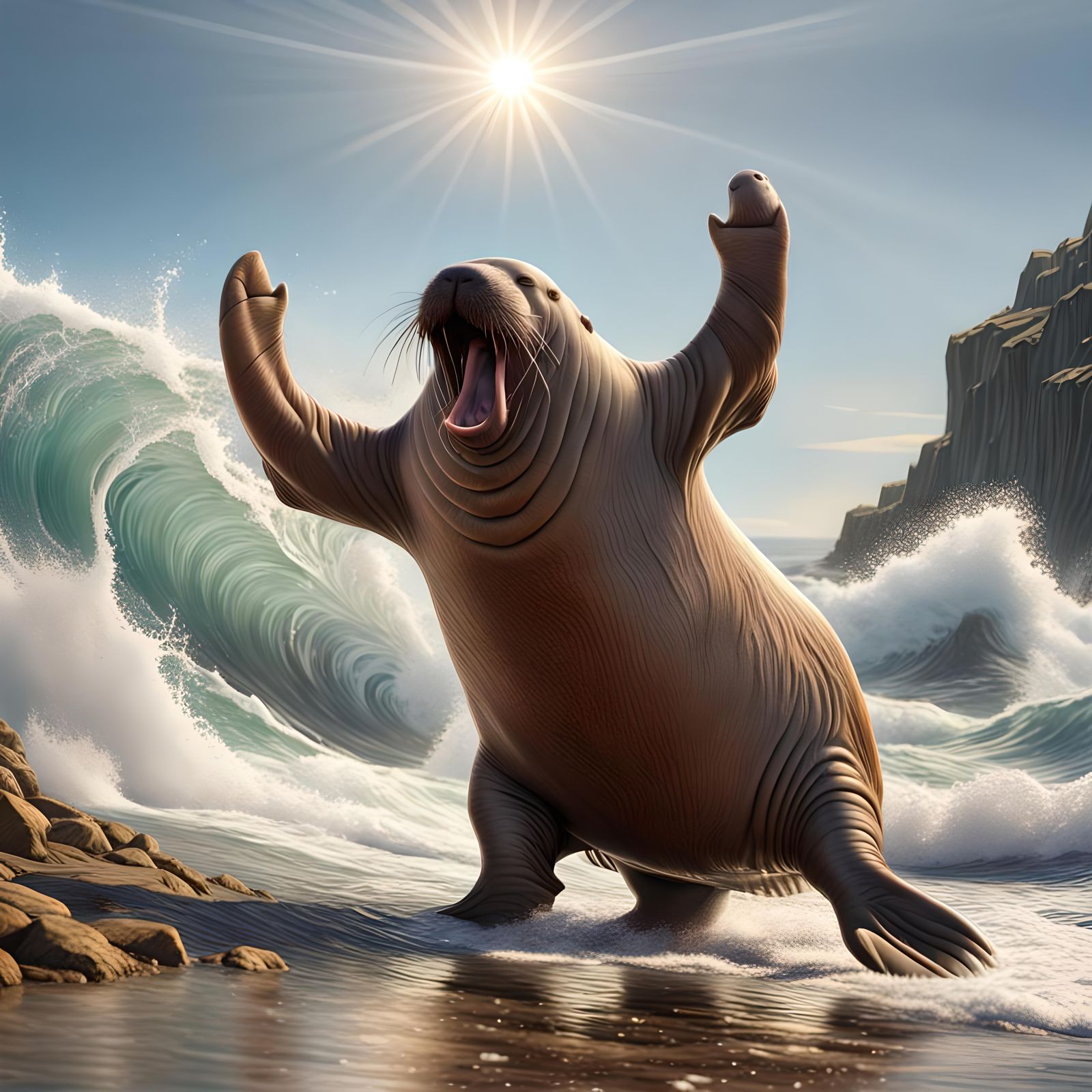 Joyful Walrus Dances in Hyperrealistic Synthwave Style