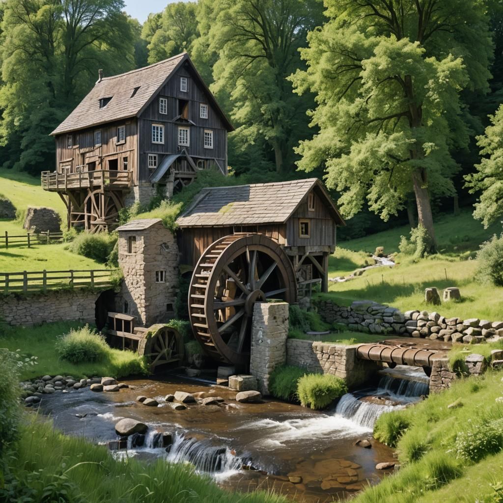 Picturesque Old Mill Scene by a Stream