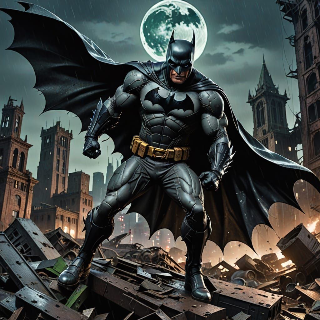 Batman Fights Riddler in Junkyard, Gotham Skyline