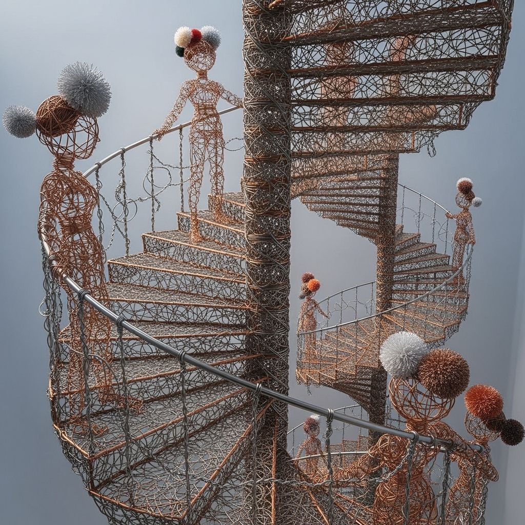 a bunch of twisted copper wires twisted person with a pom pom hair on a spiral staircase sculpture