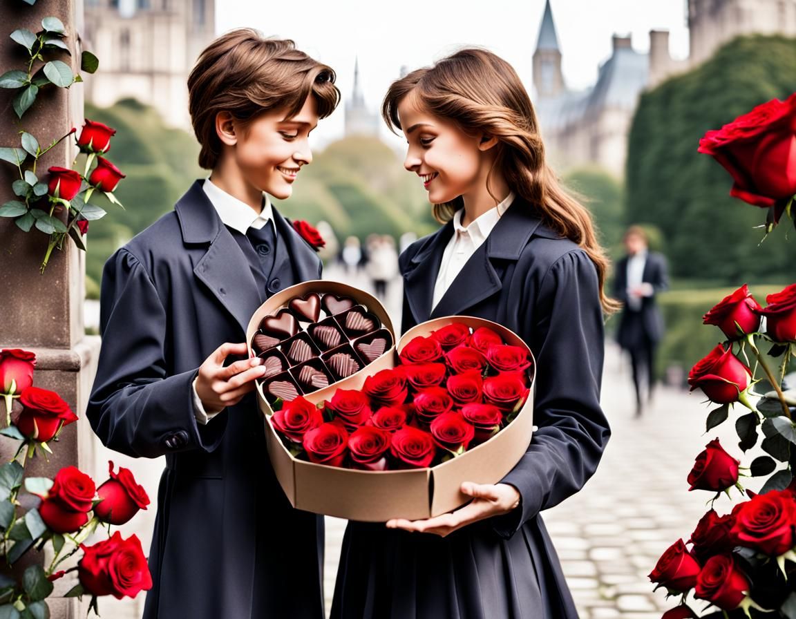Romantic Boy Offering Chocolates and Roses