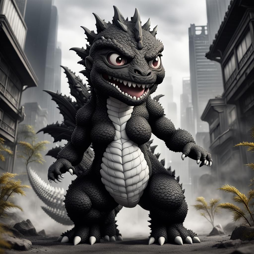 Chibi Black and White Godzilla Artwork