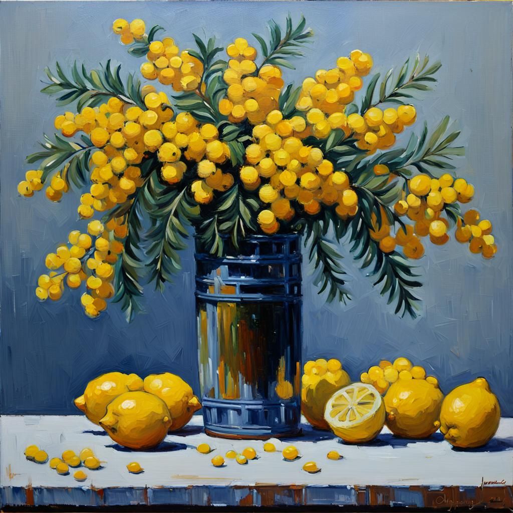 Mimosa and Lemons Still Life: Oil Painting