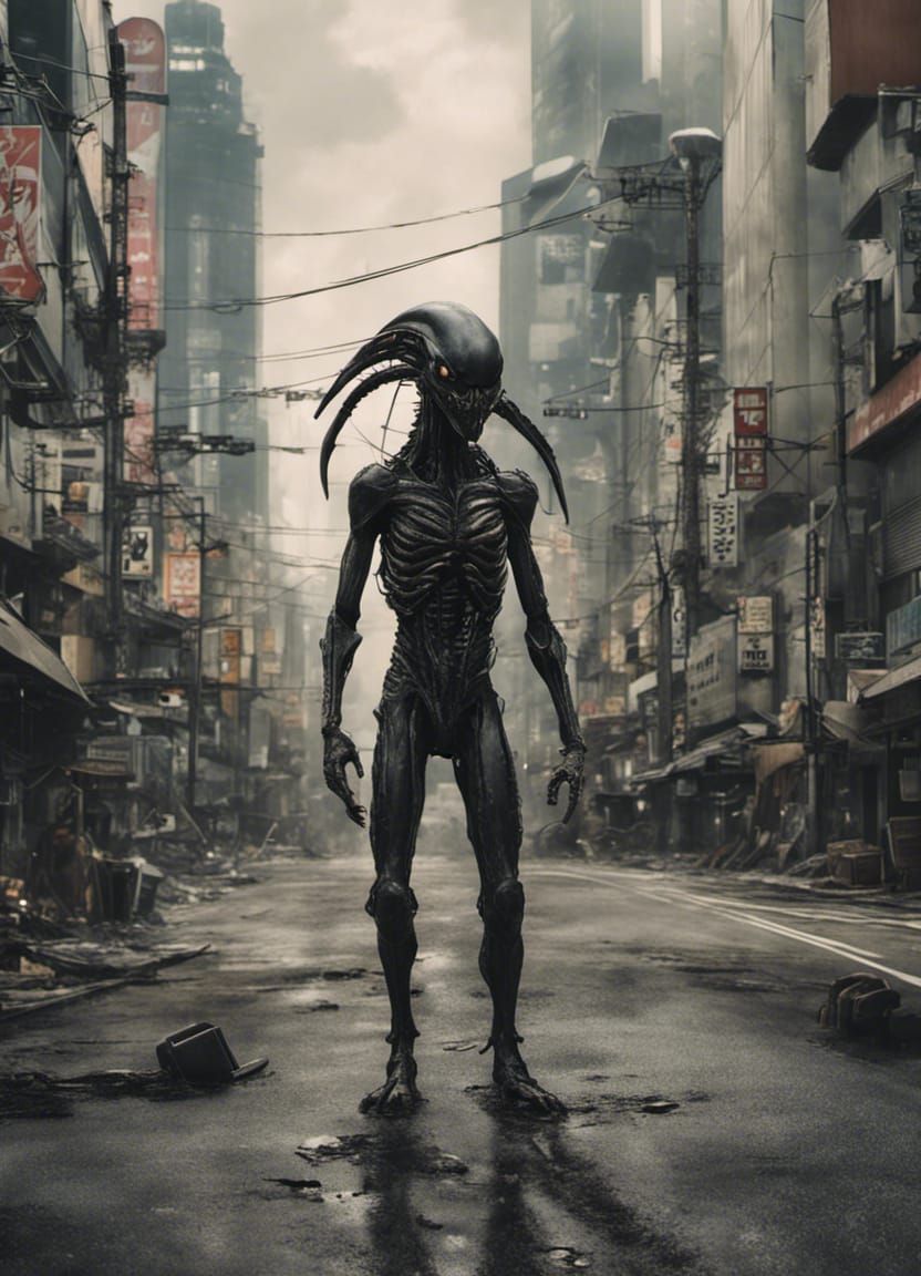 Xenomorph in Post-Apocalyptic Tokyo Street Scene