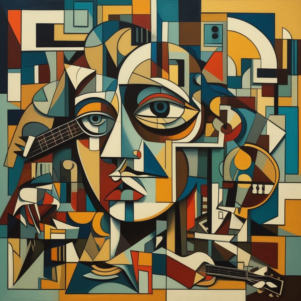 Cubist Woman with Guitar in Fragmented Room