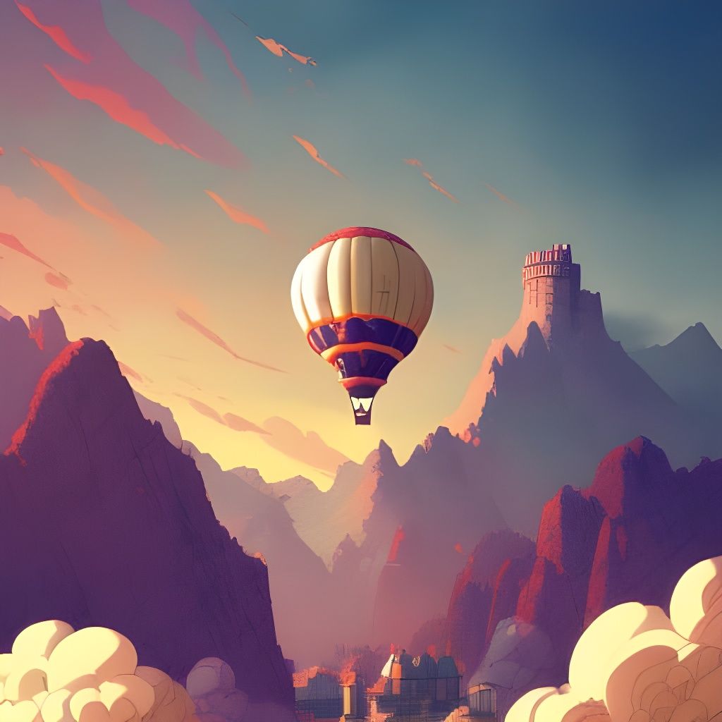 Castle on Hot Air Balloon, Cel-Shaded Matte Painting