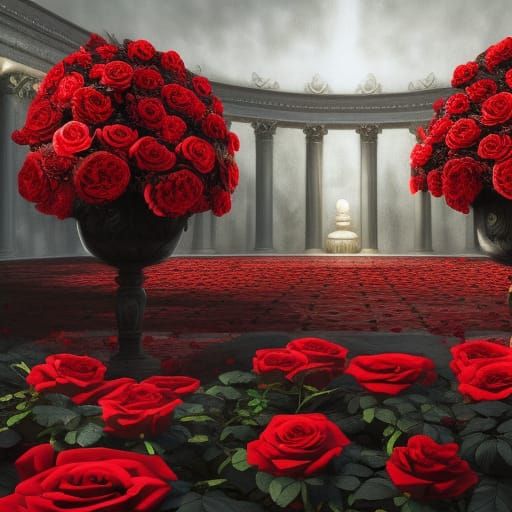 Black Marble Temple with Red Roses at Sunrise