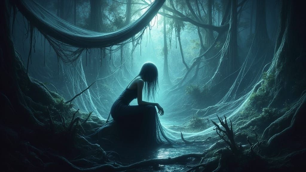 Soul Entangled in Glistening Spiderweb, Dark Fantasy Style