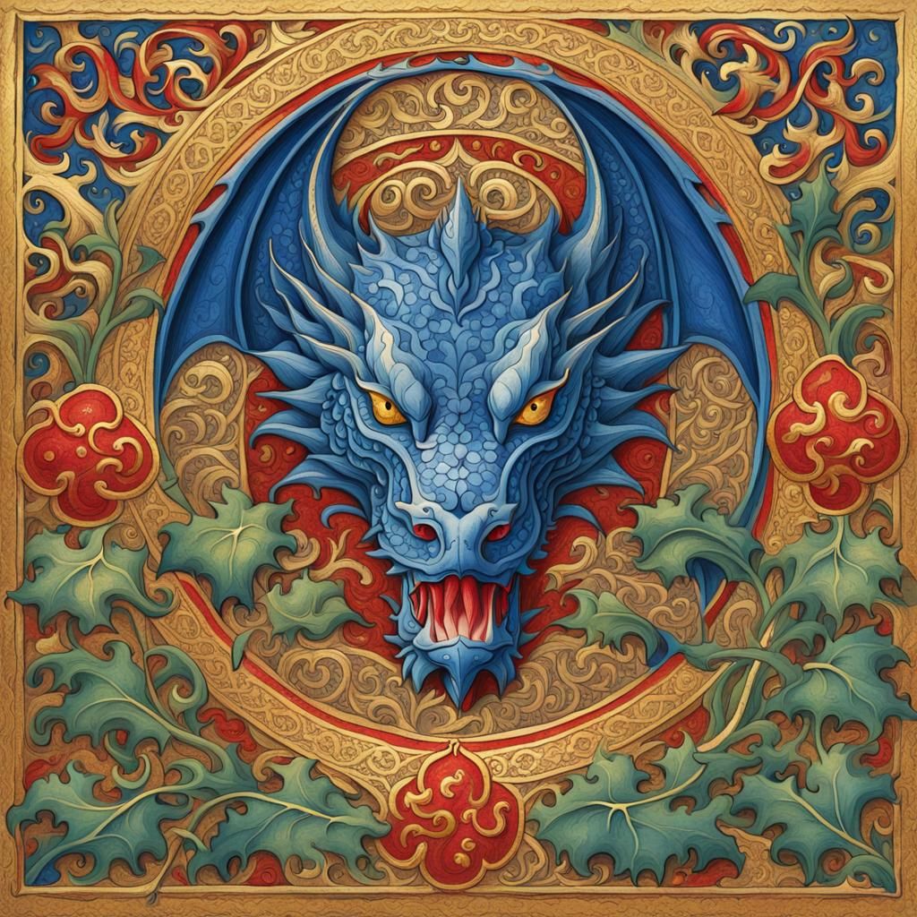 Medieval Dragon Manuscript Illumination with Gold Filigree