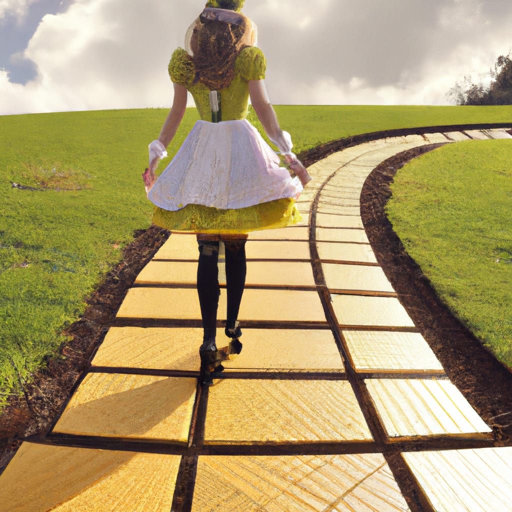 Alice in wonderland walking on the yellow brick road to heaven
