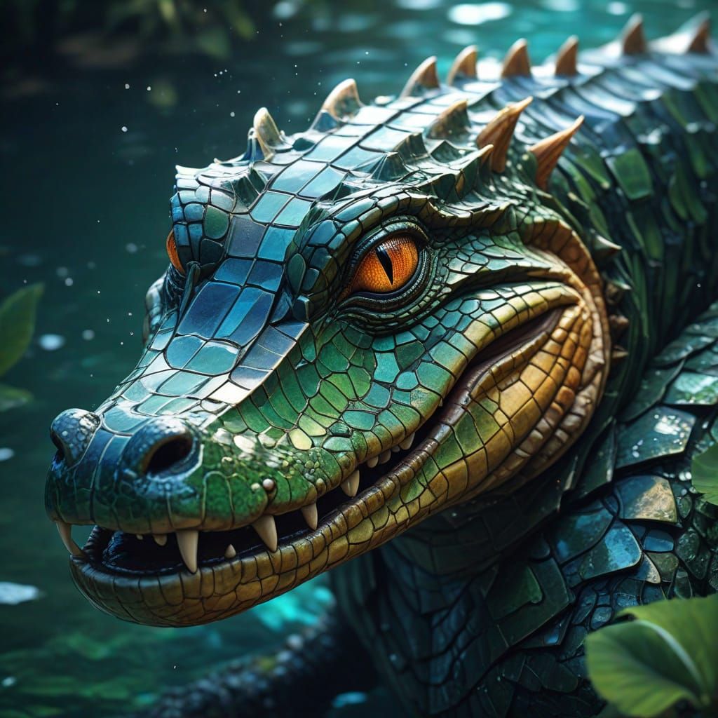 Vibrant Mosaic Alligator Portrait in Triadic Colors