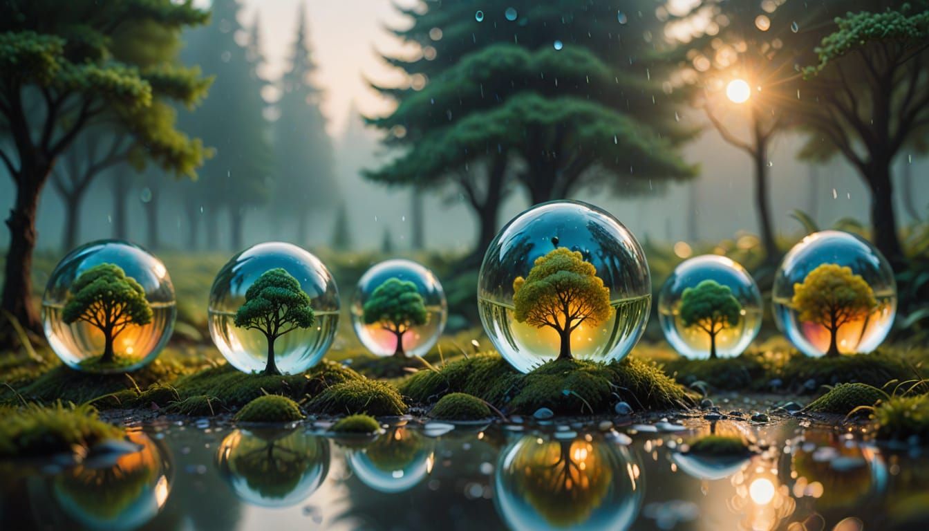 Miniature Worlds in Teardrops: A Surreal Oil Painting