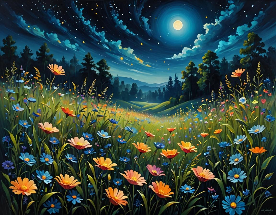 Dreamscape Meadow: Fluorescent Flowers in Ethereal Oil Paint...
