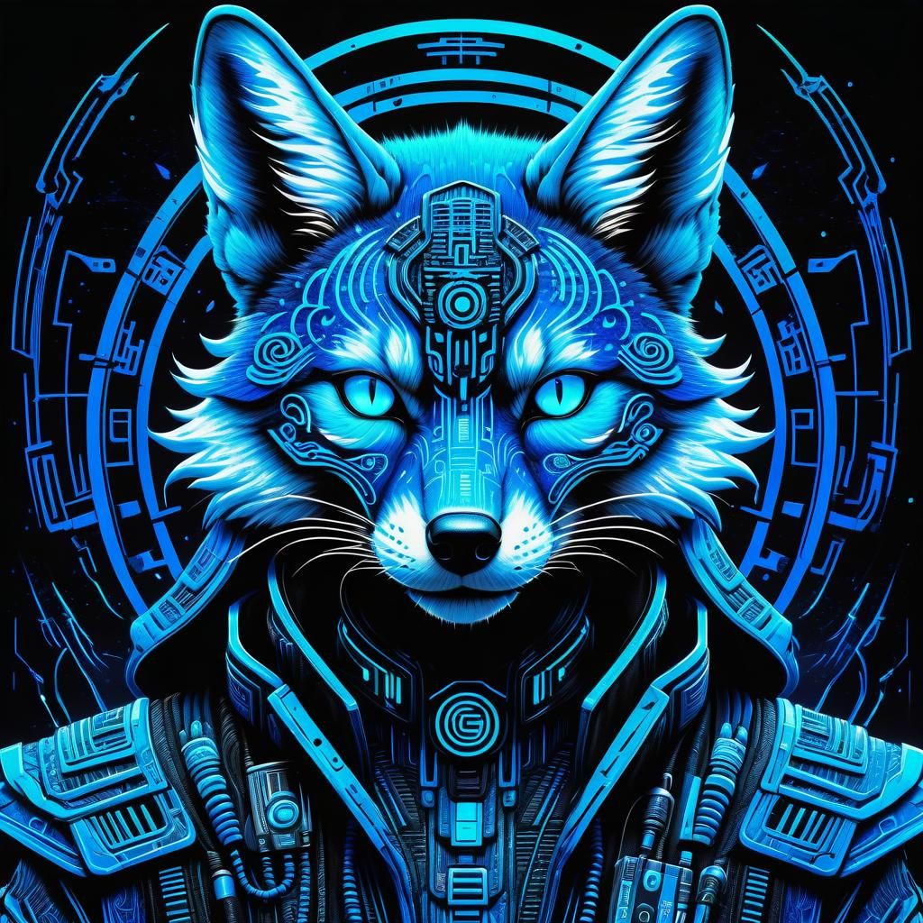 Vibrant Detailed Datamist-Enshrouded Japanese Kitsune, Cyber...