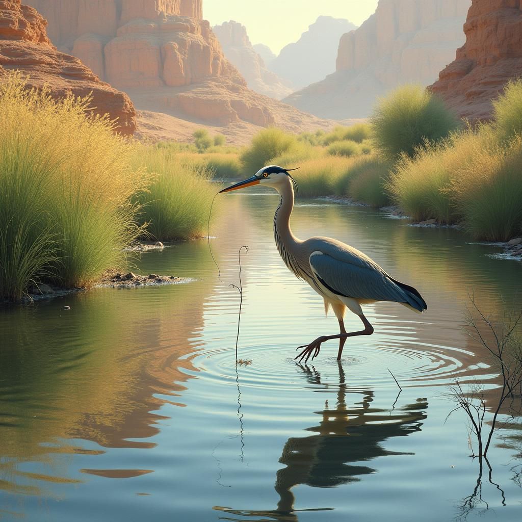 Heron in Wadi with Reed, Realistic Wildlife Art