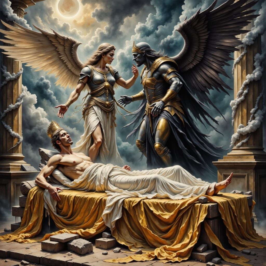 Nike the goddess of victory, and Thanatos winged god of death,  battle to claim the body of Alexander the Great...