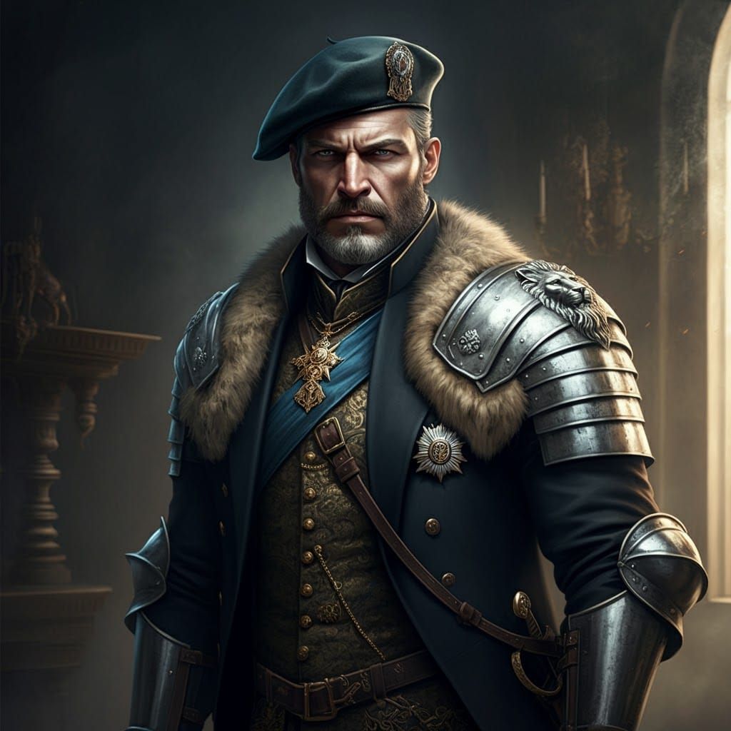 Opulent Man in Kilt with Roman Lion Pauldrons