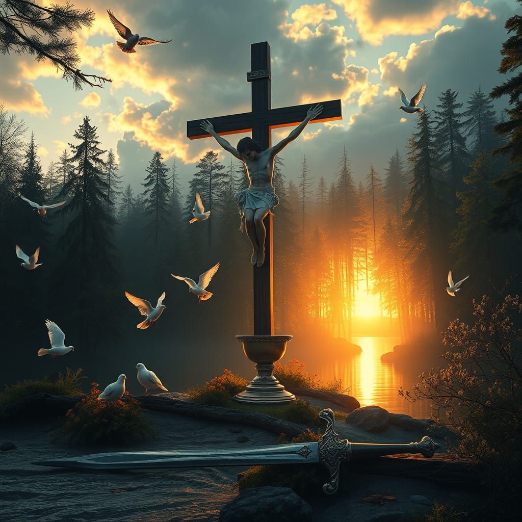 Mystical Crucifixion in a Golden Sunrise Forest