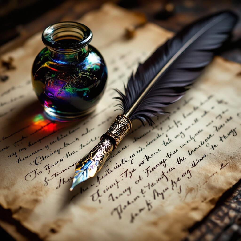 Elegant Quill Pen and Glowing Inkwell on Aged Parchment