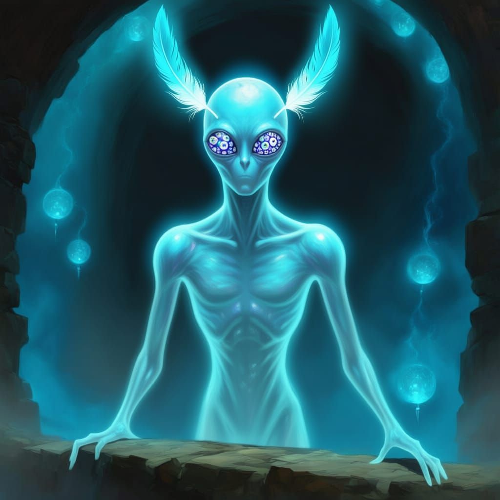 Ethereal Being in a Tunnel of Glowing Particles