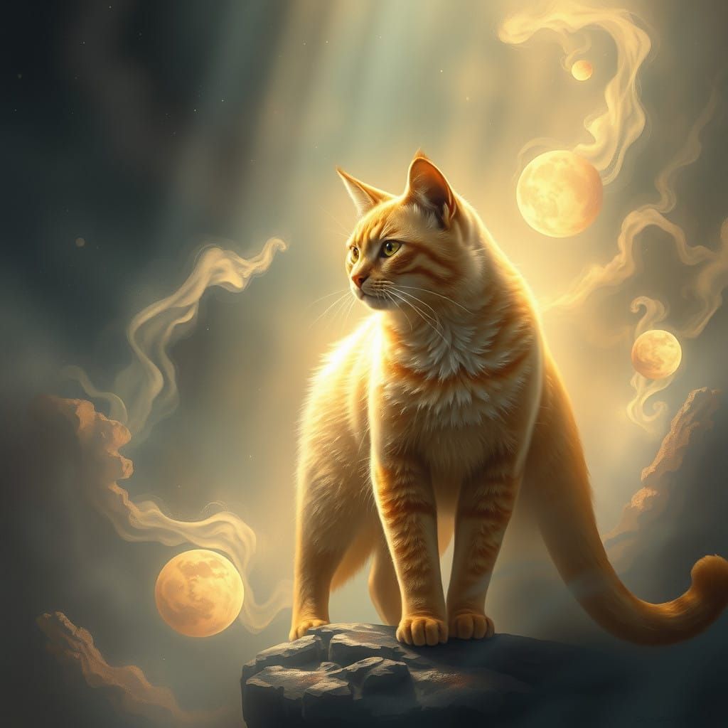 Majestic Golden Cat Reigns Over Ethereal Realm