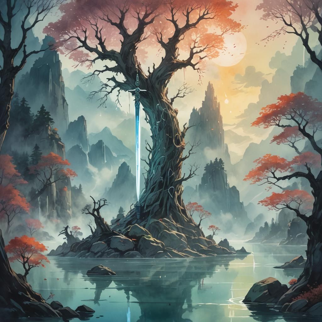 Glowing Sword in Mystical Lake: Watercolor Concept Art