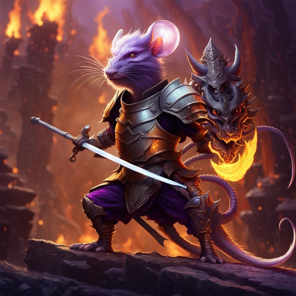 Mouse with sword and helmet. Background dragon and flames