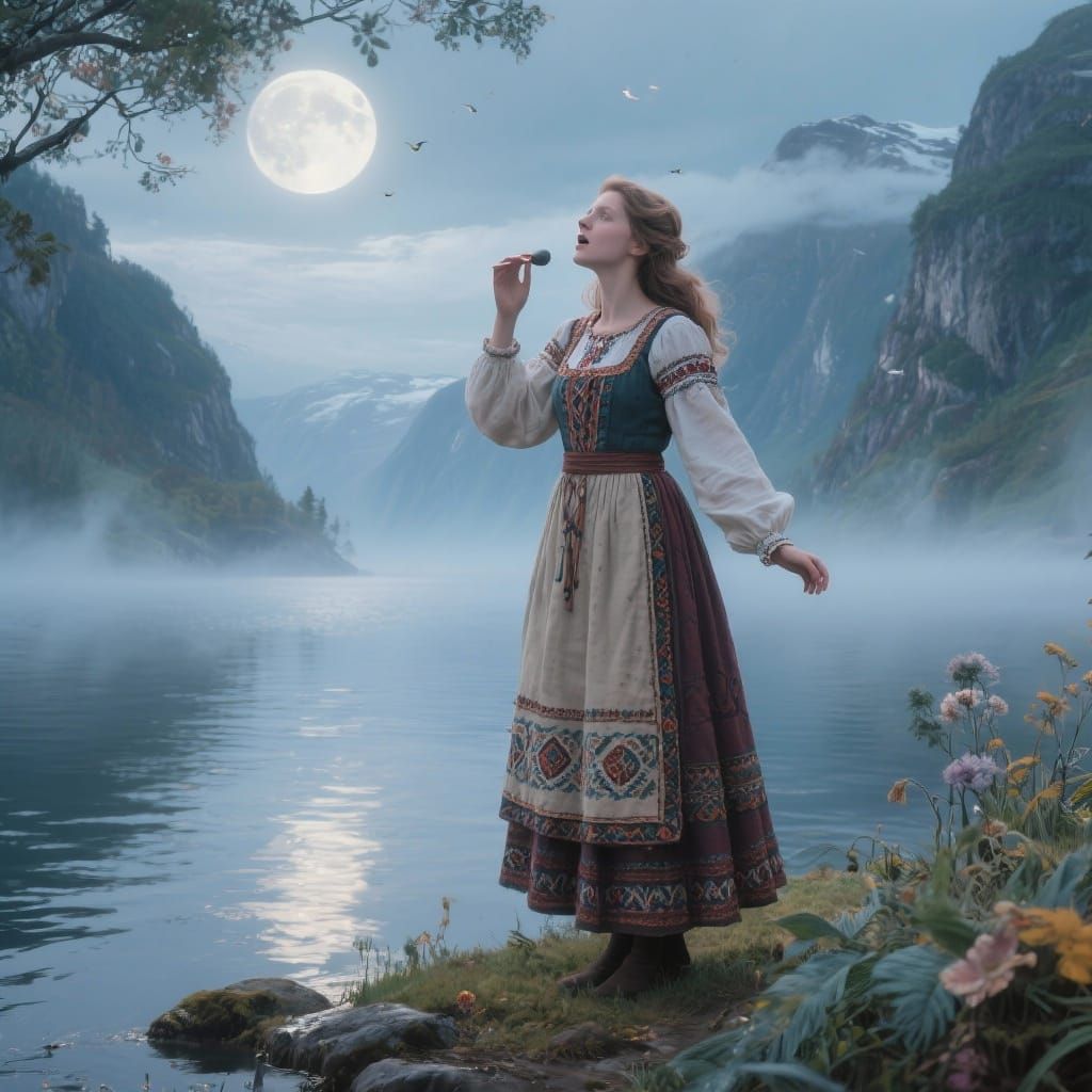 Woman Sings Folk Song in Misty Norwegian Fjord