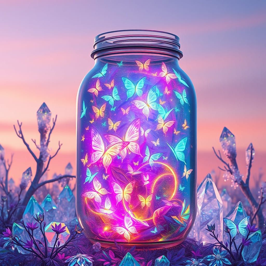 Luminous Jar in Crystal Forest Shines with Iridescent Fairie...