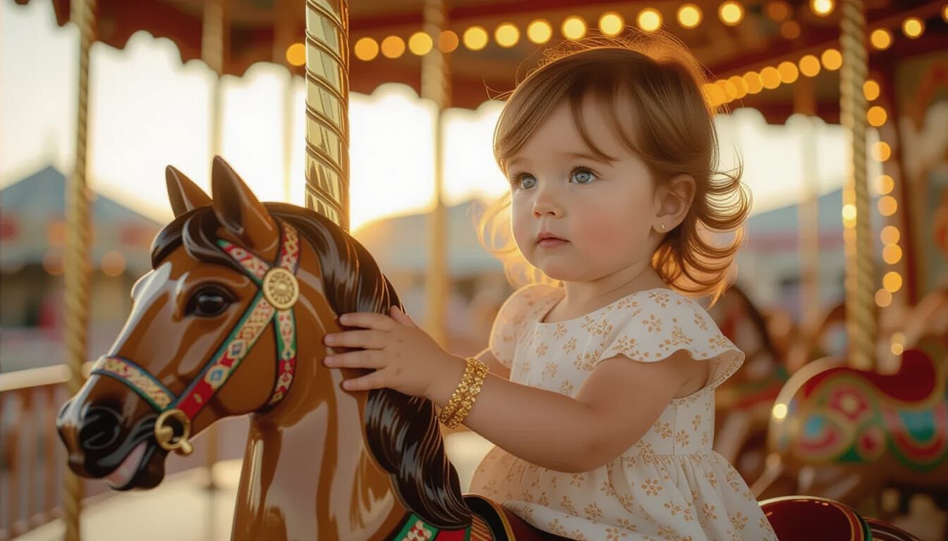 Child Reaches for Gold Bangle on Vintage Carousel Horse
