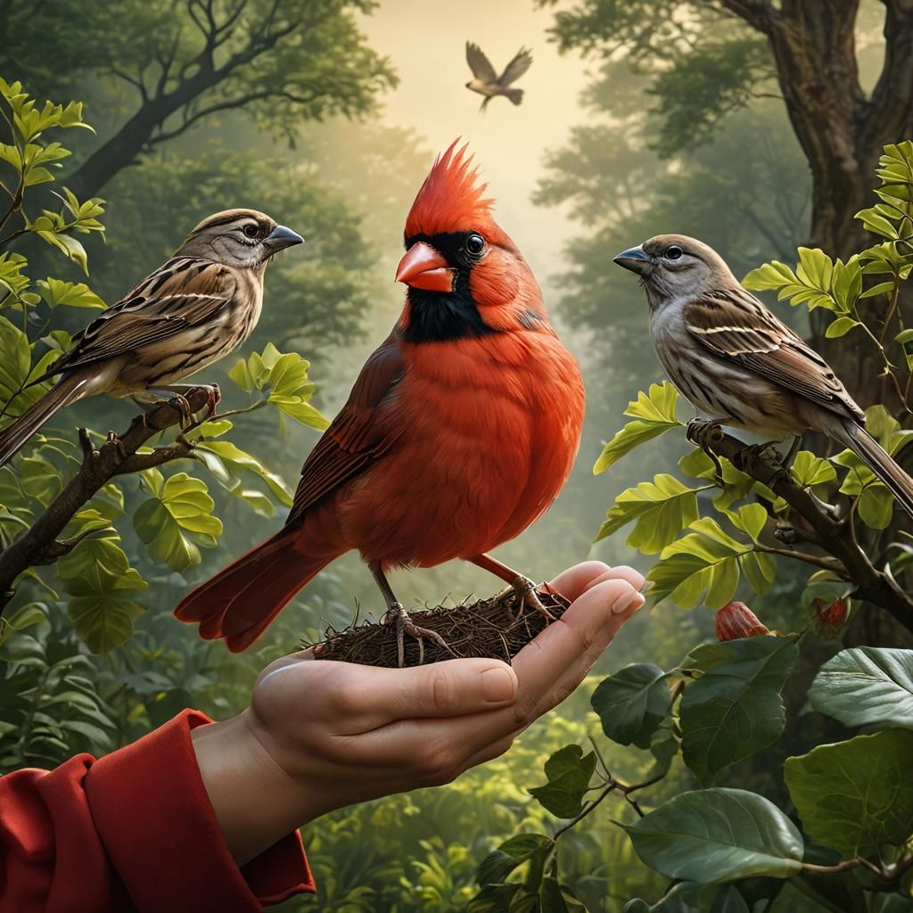 Cardinal Bird Offered, Sparrows in the Bush