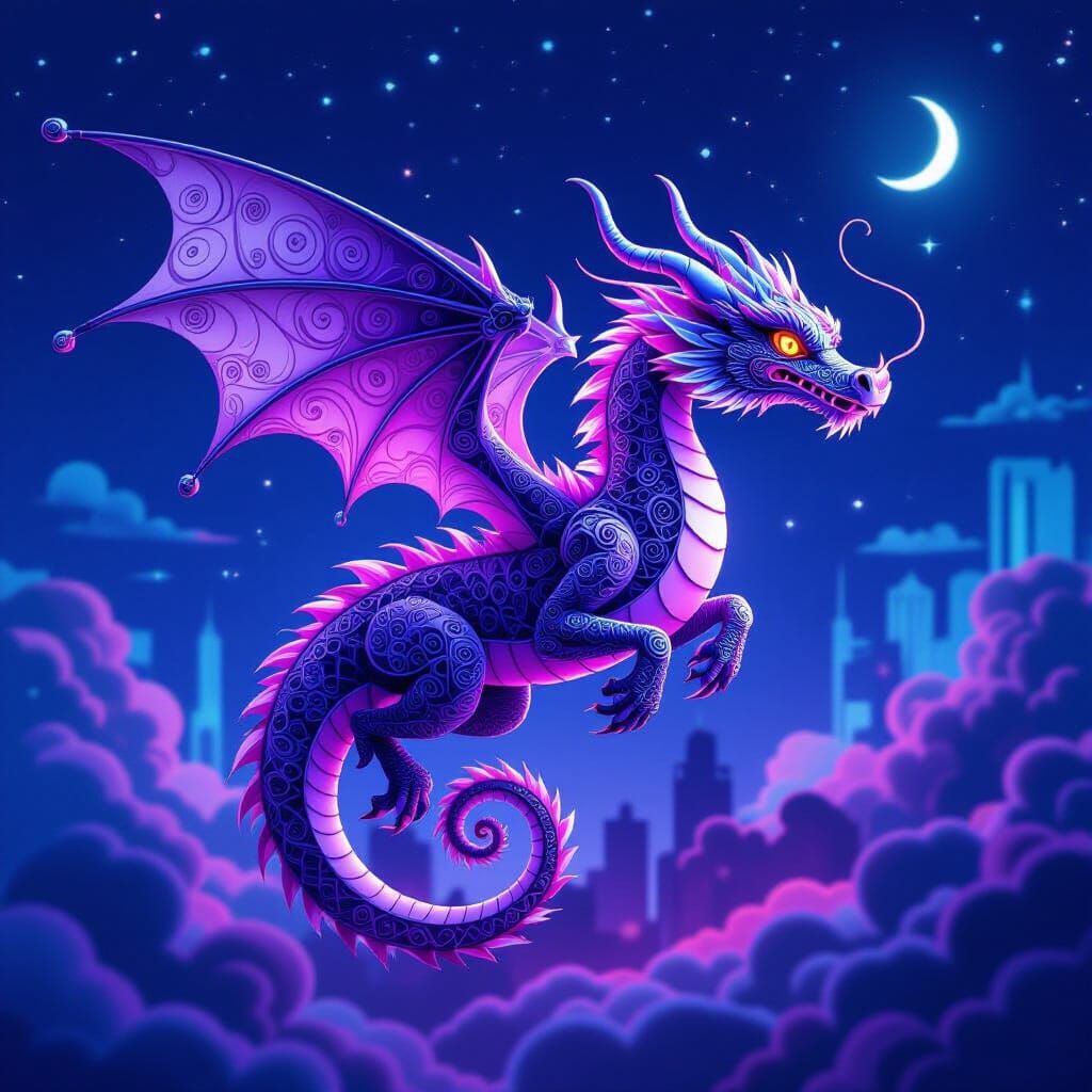 A paper quilled dragon soars through a neon-lit cyberpunk sk...