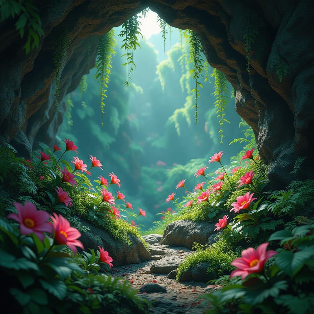 Vibrant Flowers Bloom in Cave Crevices: Matte Painting