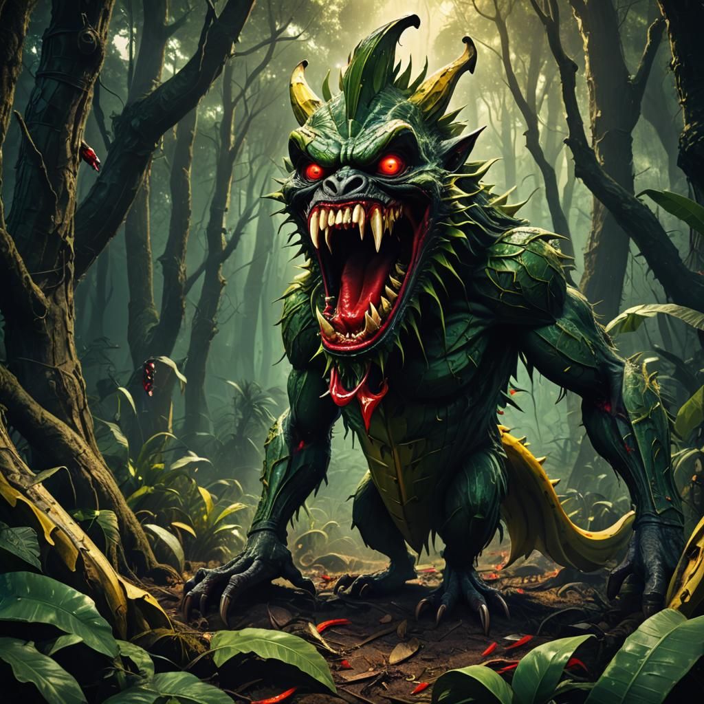 Menacing Banana Monster in Dark Fantasy Illustration