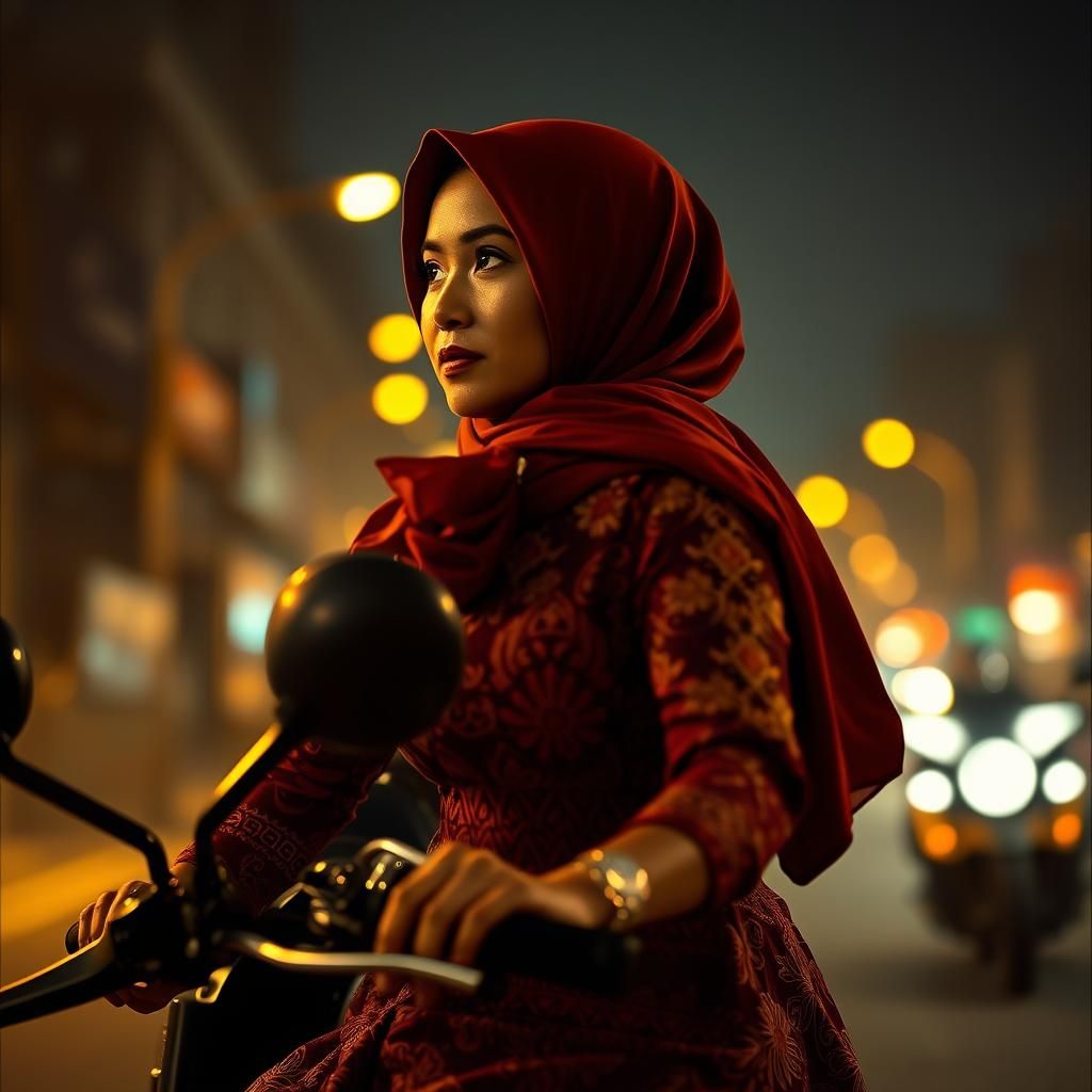 Javanese Woman Rides Motorbike at Night