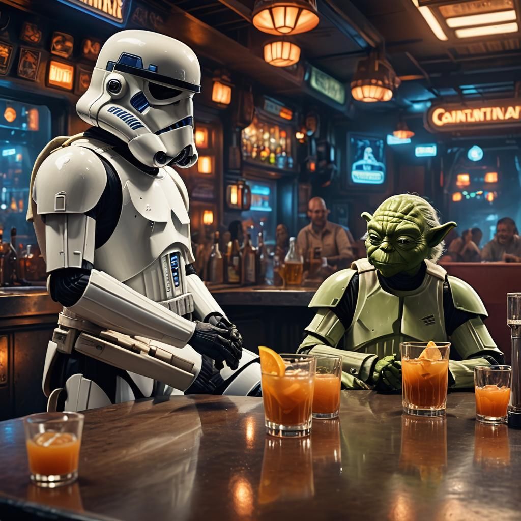 Stormtrooper and Yoda Drinking at Bar in Matte Painting