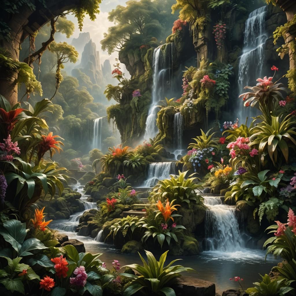 Baroque Waterfall Fantasy Landscape in Rembrandt Style