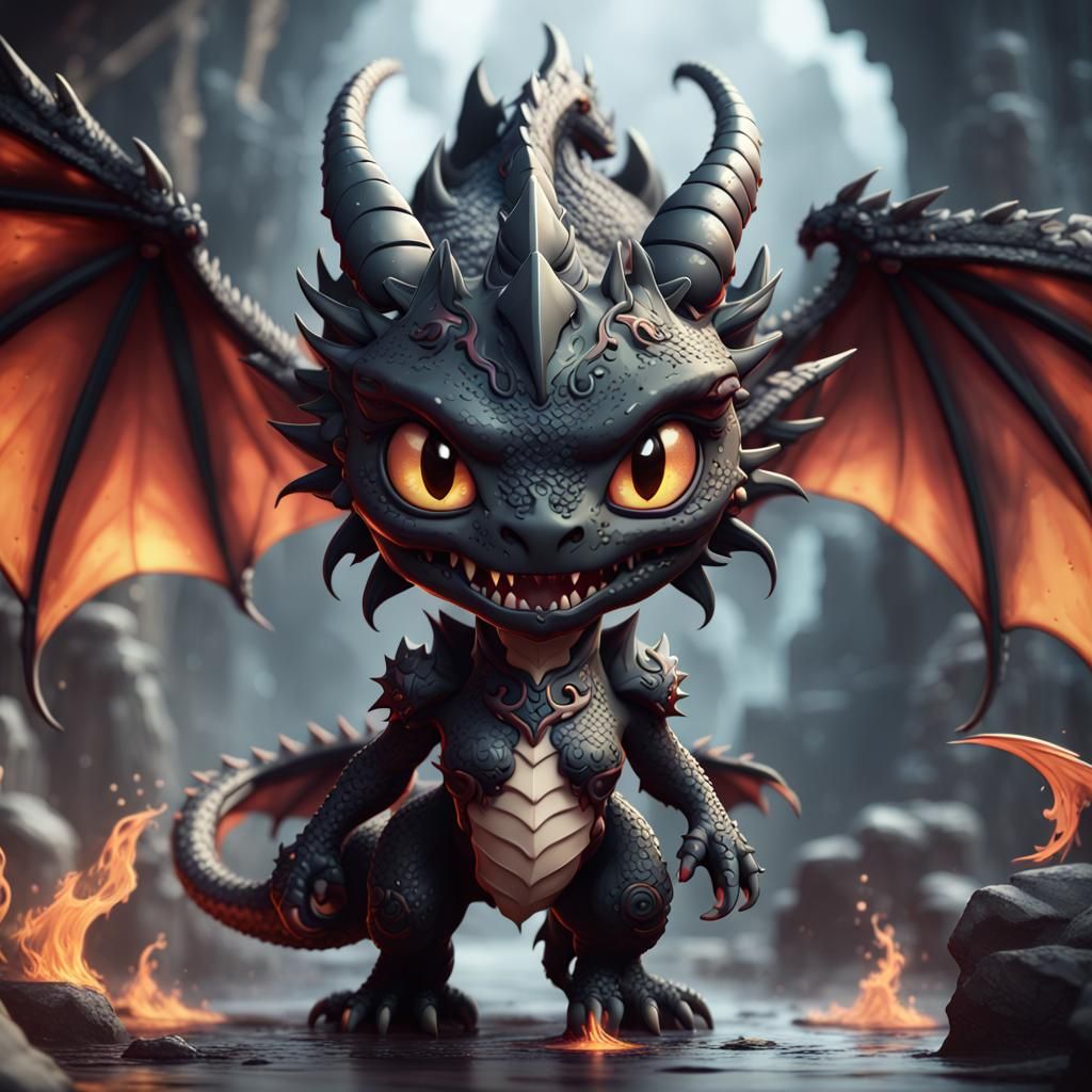 Chibi Black Demon Dragon in Detailed Matte Painting