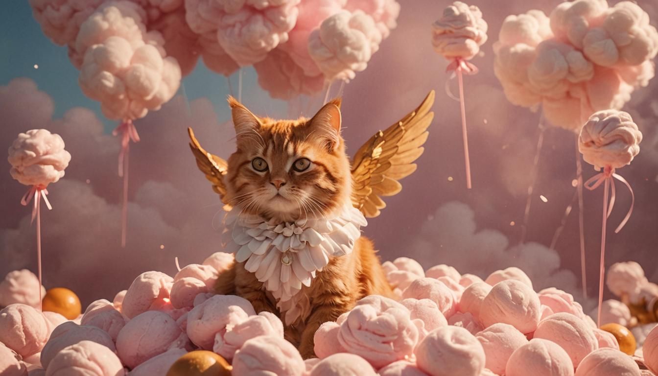 Tabby Cat Cupid on Cotton Candy Cloud