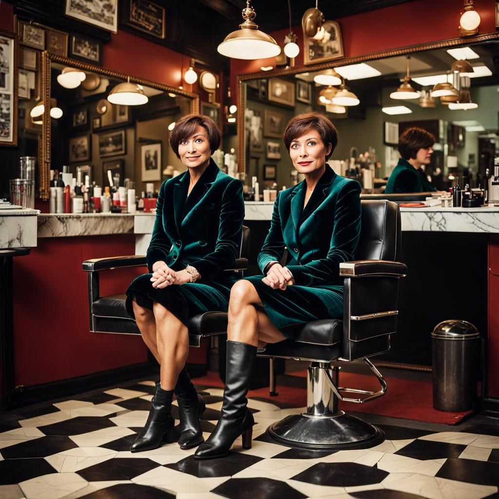 Businesswomen in Velvet Suits at Barbershop