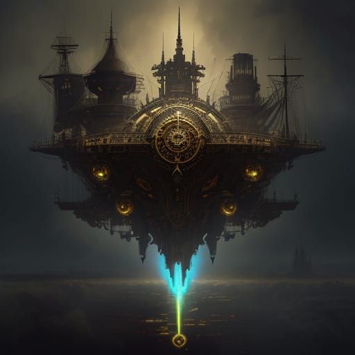 Steampunk Black Bear Airship Soaring Through Clouds