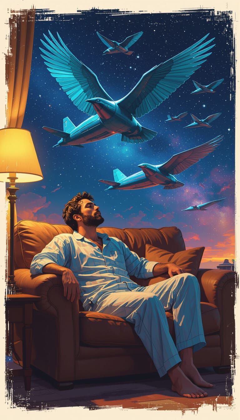 Man's Dream: Colossal Metallic Birds in Formation